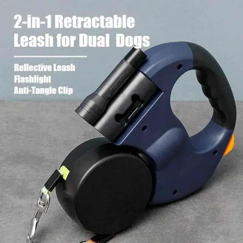 2-in-1 Retractable Anti-Tangle Dog Harness for Two – Reflective Leash with Flashlight
